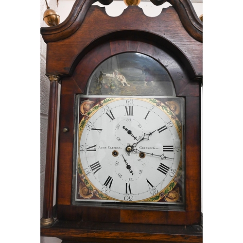 394 - Adam Chephan, Greenock - A 19th century oak longcase clock with painted hunting scene dial with eigh... 