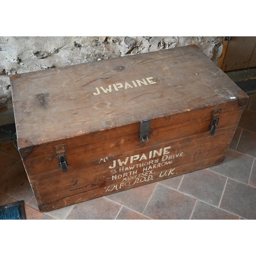15A - A vintage pine metal bound trunk inscribed 'JW Paine' followed by full address, 95 cm w x 47 cm d x ... 