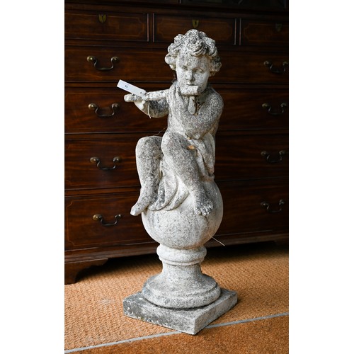 51A - A weathered cast stone cherub playing a flute, seated on a ball, 100 cm h