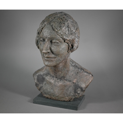Pamela De Ville, 'Dee', a patinated clay bust of a woman, raised on a woodblock base, 42 cm h o/all