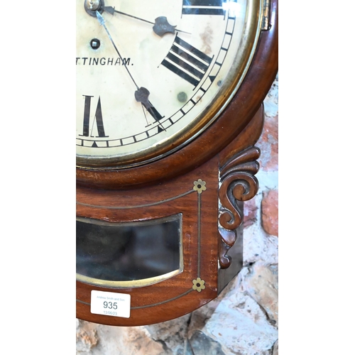 550 - Pearce, Nottingham, a 19th century brass inlaid mahogany cased drop dial wall clock, the single fuse... 