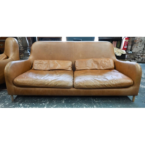 Habitat - tan leather sofa and matching armchair designed by Aaron Probyn, raised on short turned bleached oak legs (2)