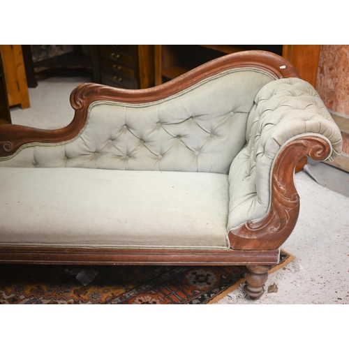 477 - A Victorian mahogany chaise longue, sage green buttoned dralon upholstery, 170 cm w x 66 cm d x 90 c... 