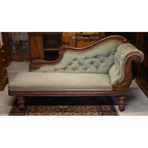 477 - A Victorian mahogany chaise longue, sage green buttoned dralon upholstery, 170 cm w x 66 cm d x 90 c... 