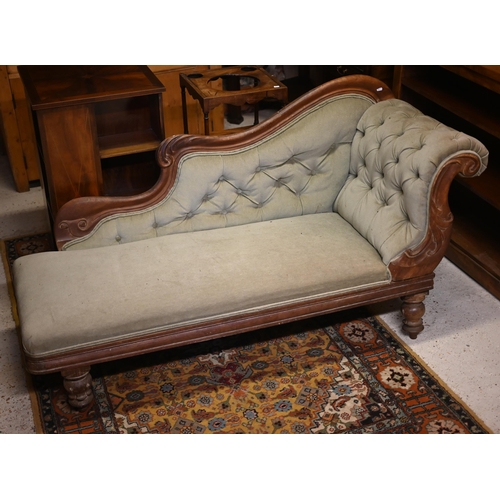 477 - A Victorian mahogany chaise longue, sage green buttoned dralon upholstery, 170 cm w x 66 cm d x 90 c... 