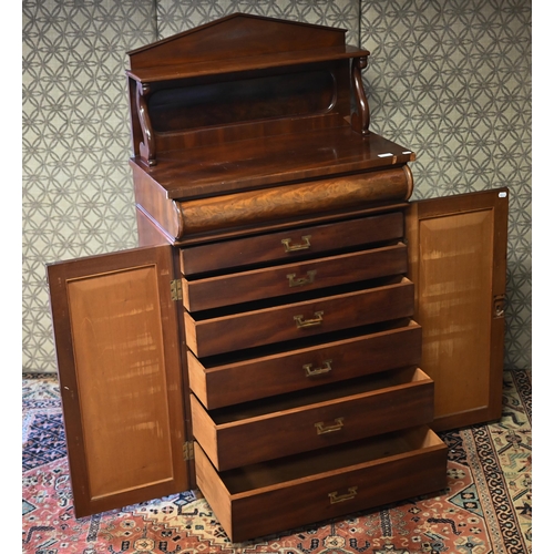 483 - Victorian mahogany chiffonier, raised back over frieze drawer and panelled cupboards, missing origin... 