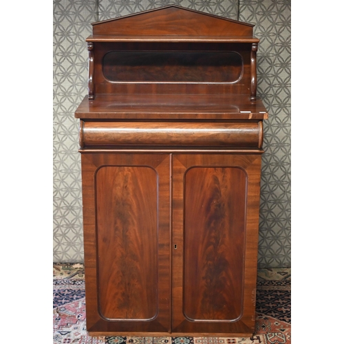 483 - Victorian mahogany chiffonier, raised back over frieze drawer and panelled cupboards, missing origin... 