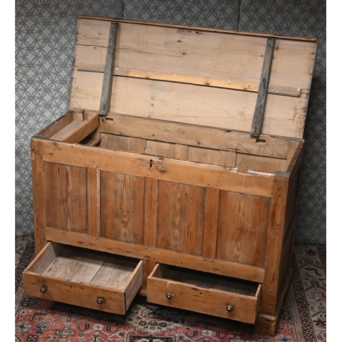 486 - An antique waxed pine provincial mule chest, panelled construction with two drawers, 128 cm w x 52 c... 