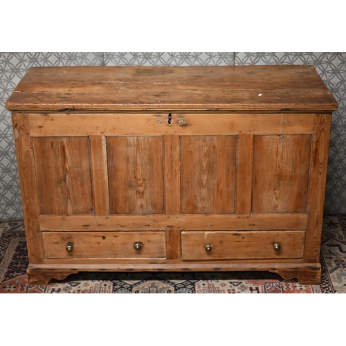 486 - An antique waxed pine provincial mule chest, panelled construction with two drawers, 128 cm w x 52 c... 