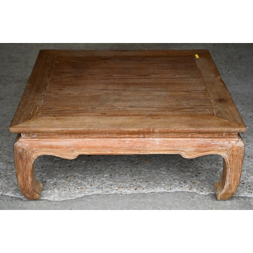 496 - A 20th century Chinese limed elm square coffee table on four shaped supports, 102 cm x 102 cm x 42 c... 