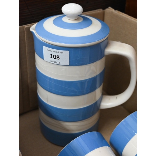 108 - A Cornish ware coffee pot, with milk and sugar pair and five mugs