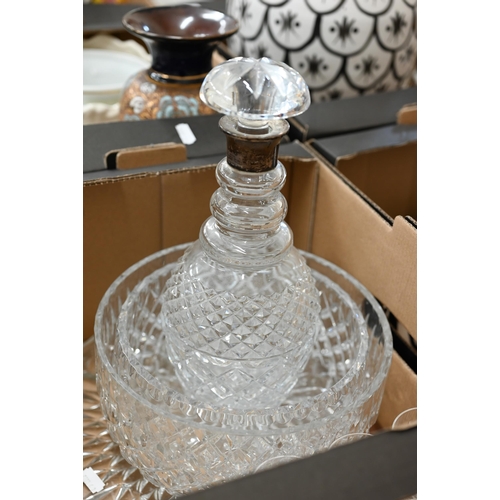 120 - A cut glass decanter with silver collar and mushroom stopper to/w a blue glass studio vase and vario... 