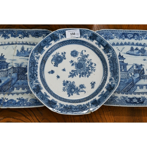 156 - A pair of 19th century Chinese blue and white dishes, painted with ornamental lake landscapes, 31 x ... 