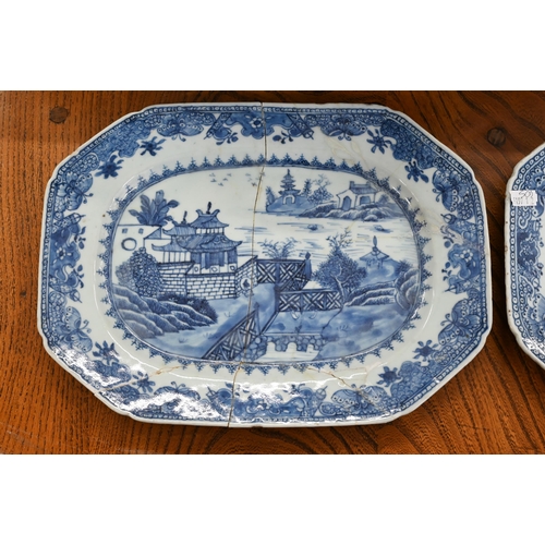 156 - A pair of 19th century Chinese blue and white dishes, painted with ornamental lake landscapes, 31 x ... 