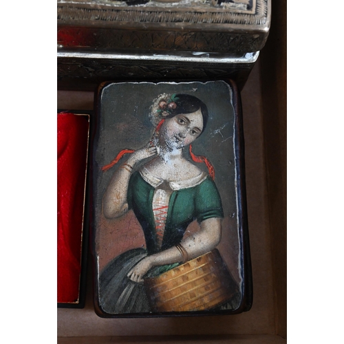 178 - A 19th century Continental papier mache snuff-box, the hinged cover painted with a young lady, to/w ... 