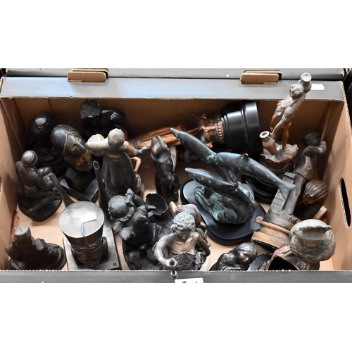 201 - Two boxes of spelter and other figures, brassware, etc (2)