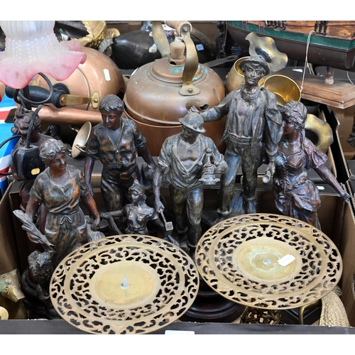 203 - Two boxes of decorative metalware, including figures, candlesticks, etc (2)