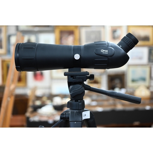 218 - An Optus 20-60x60 bird-watcher's scope on adjustable tripod, to/w a pair of Tasco pocket binoculars ... 