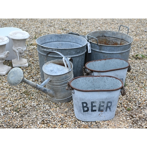 22 - Two old galvanised beer carriers to/w three galvanised buckets and a watering can - all a/f (6)