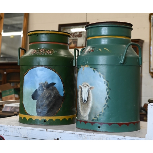 A companion pair of polychrome painted milk churns with portraits of sheep by Thordil Aslong (2)