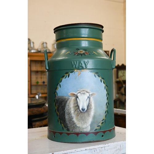 240 - A companion pair of polychrome painted milk churns with portraits of sheep by Thordil Aslong (2)