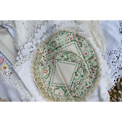 246 - # A quantity of vintage lace and embroidered table linen, etc (box)