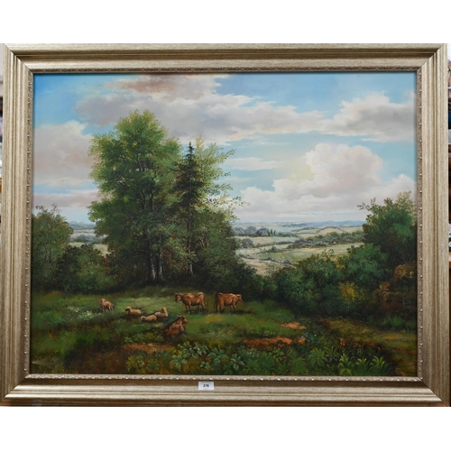 278 - # G Hennan - An extensive landscape with cattle and sheep, oil on canvas, signed, 76 x 96 cm... 