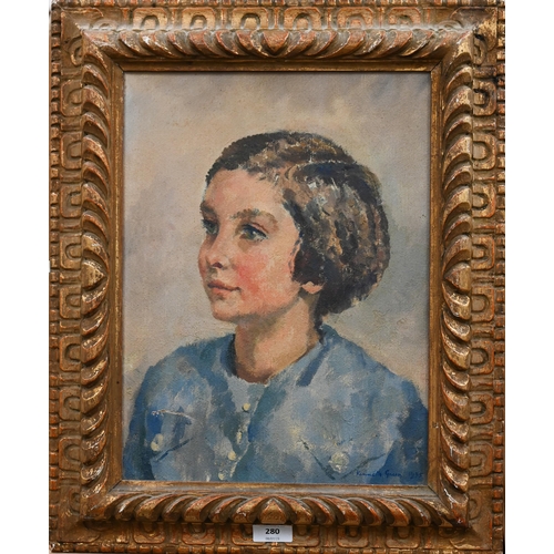 280 - Kenneth Green (1905-86) - Portrait of a young girl in a blue dress, oil on canvas, signed and dated ... 