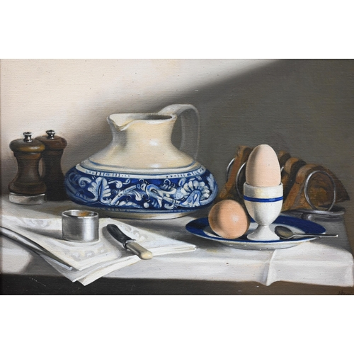 Harriet Gosling - Still life study of the breakfast table, oil on canvas, signed and dated '92, 29 x 47 cm