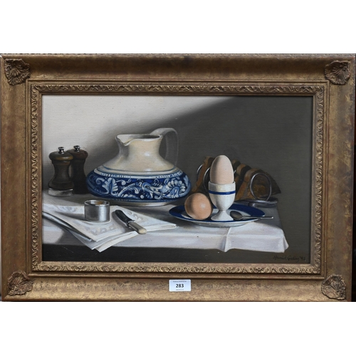 283 - Harriet Gosling - Still life study of the breakfast table, oil on canvas, signed and dated '92, 29 x... 