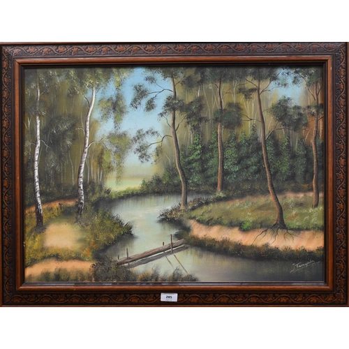 285 - # J Fraserzsriska? - Woodland stream, oil on canvas, signed, 49 x 69 cm