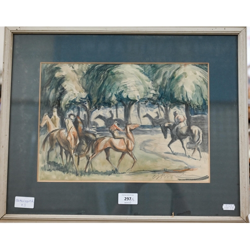 297 - Three pictures - circa 1930s watercolour of horse and riders in a clearing, signed, 24 x 34 cm; Rosa... 