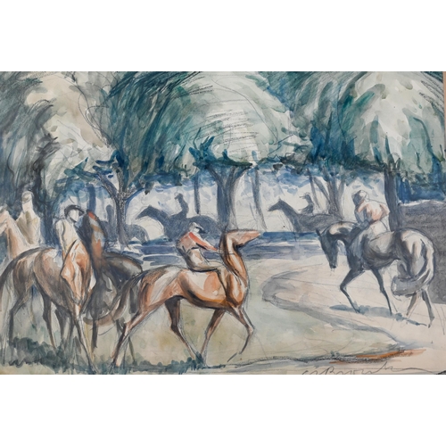 297 - Three pictures - circa 1930s watercolour of horse and riders in a clearing, signed, 24 x 34 cm; Rosa... 