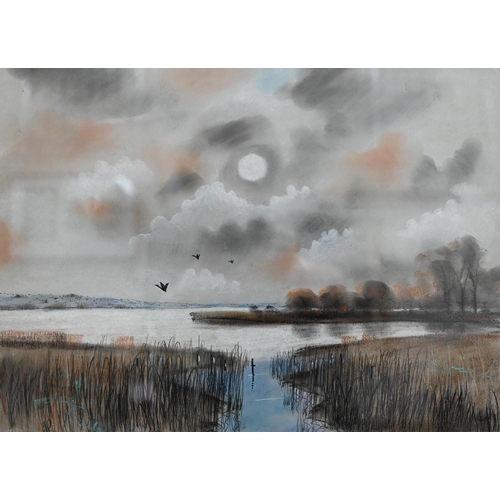 298 - # JP - Three chalk pastel landscape studies of marsh and river views, all signed with initials, 38 x... 