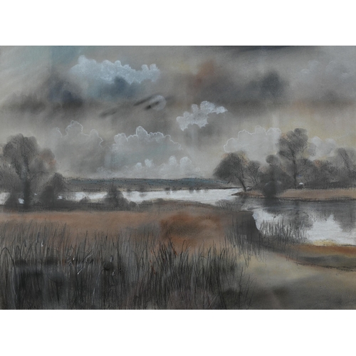 298 - # JP - Three chalk pastel landscape studies of marsh and river views, all signed with initials, 38 x... 