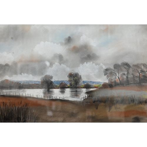 298 - # JP - Three chalk pastel landscape studies of marsh and river views, all signed with initials, 38 x... 