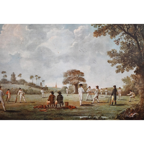 299 - Three framed canvas prints of cricketing scenes, to/w rolled examples, 44 x 53 cm; 36 x 76 cm etc