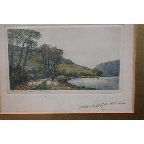 303 - Four small topographical coloured etchings, pencil signed, 6.5 x 10.5 cm (4)