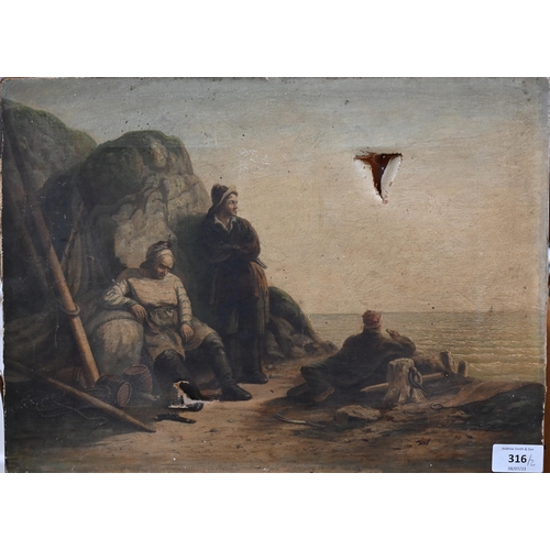 316 - Two 19th century oil on canvas studies of figures sheltering from marine storms, 30 x 40.5 cm, as fo... 