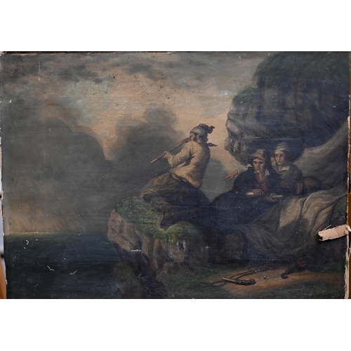 316 - Two 19th century oil on canvas studies of figures sheltering from marine storms, 30 x 40.5 cm, as fo... 