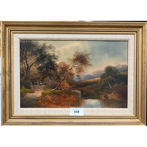 318 - # G Harris - An autumn country scene, oil on board, signed, 18 x 29 cm