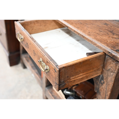 330 - A small antique oak cottage dresser with two shelves over two drawers and slatted pot board undertie... 