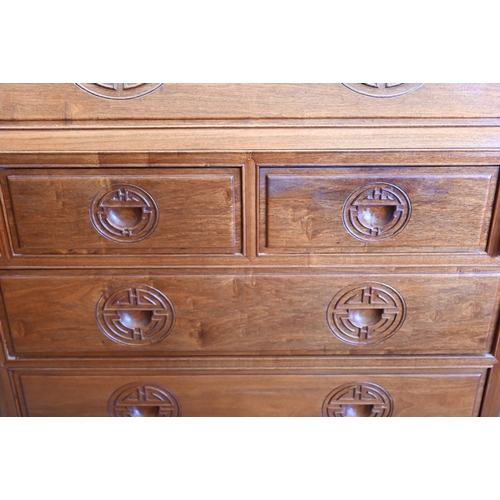 337 - A Chinese hardwood four drawer fall front bureau carved with Shou symbols, 92 cm wide x 40 cm deep x... 