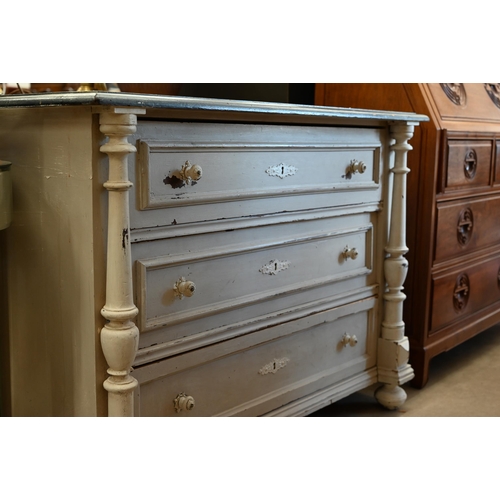 338 - Antique French painted pine three drawer commode chest with turned columns and bun feet, 106 cm wide... 