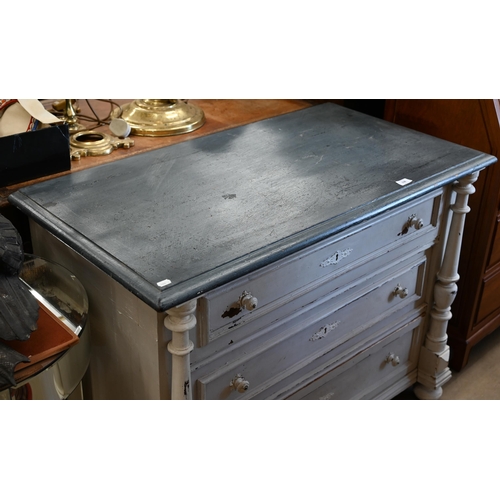 338 - Antique French painted pine three drawer commode chest with turned columns and bun feet, 106 cm wide... 