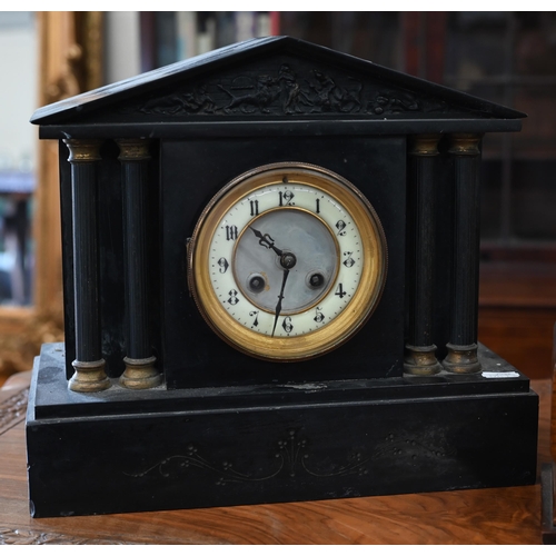 346 - A 19th century slate architectural mantel clock with twin train movement striking on coiled gong, 32... 