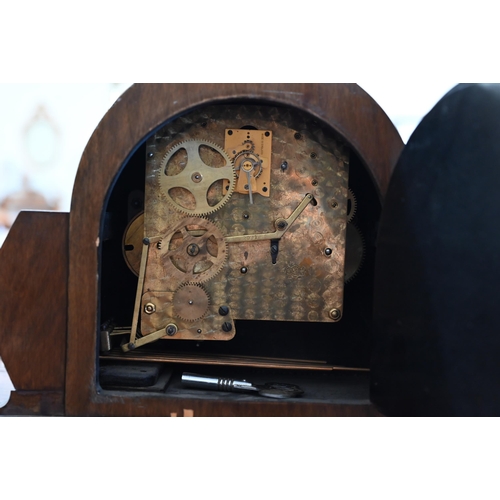 346 - A 19th century slate architectural mantel clock with twin train movement striking on coiled gong, 32... 