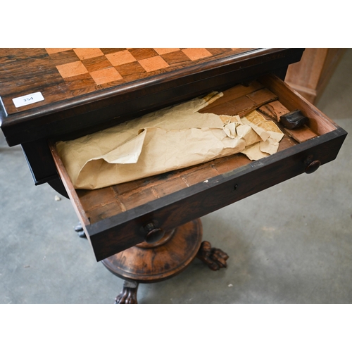 354 - A Victorian rosewood and maple games table with folding chessboard top and single drawer, circular p... 