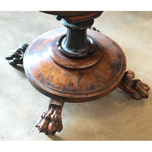 354 - A Victorian rosewood and maple games table with folding chessboard top and single drawer, circular p... 