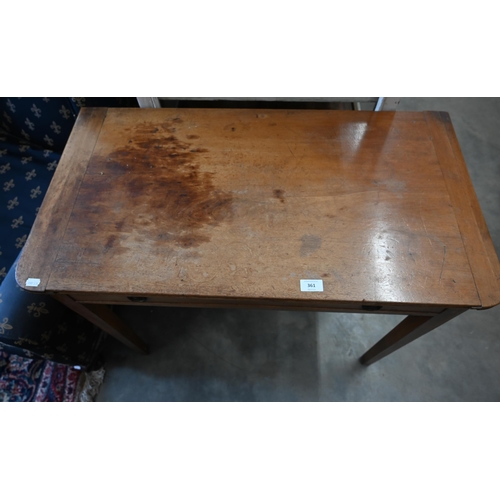 361 - A 19th century mahogany hall table with single frieze drawer on tapering square supports, 88 cm wide... 